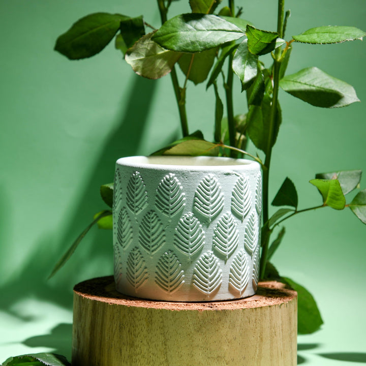 Concrete Jar Candle Leaf Design